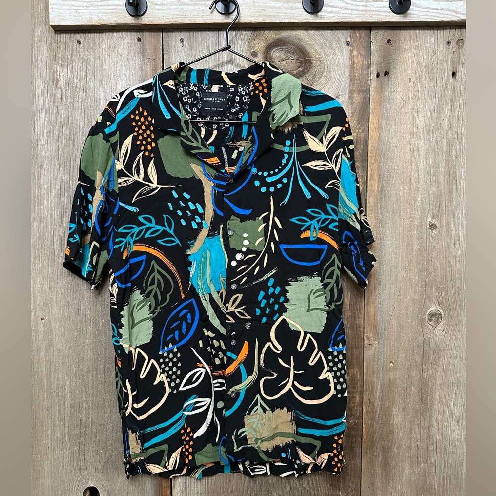 Denim & Flower Ricky Singh Abstract Tropical Shirt in Black Size Medium Men’s